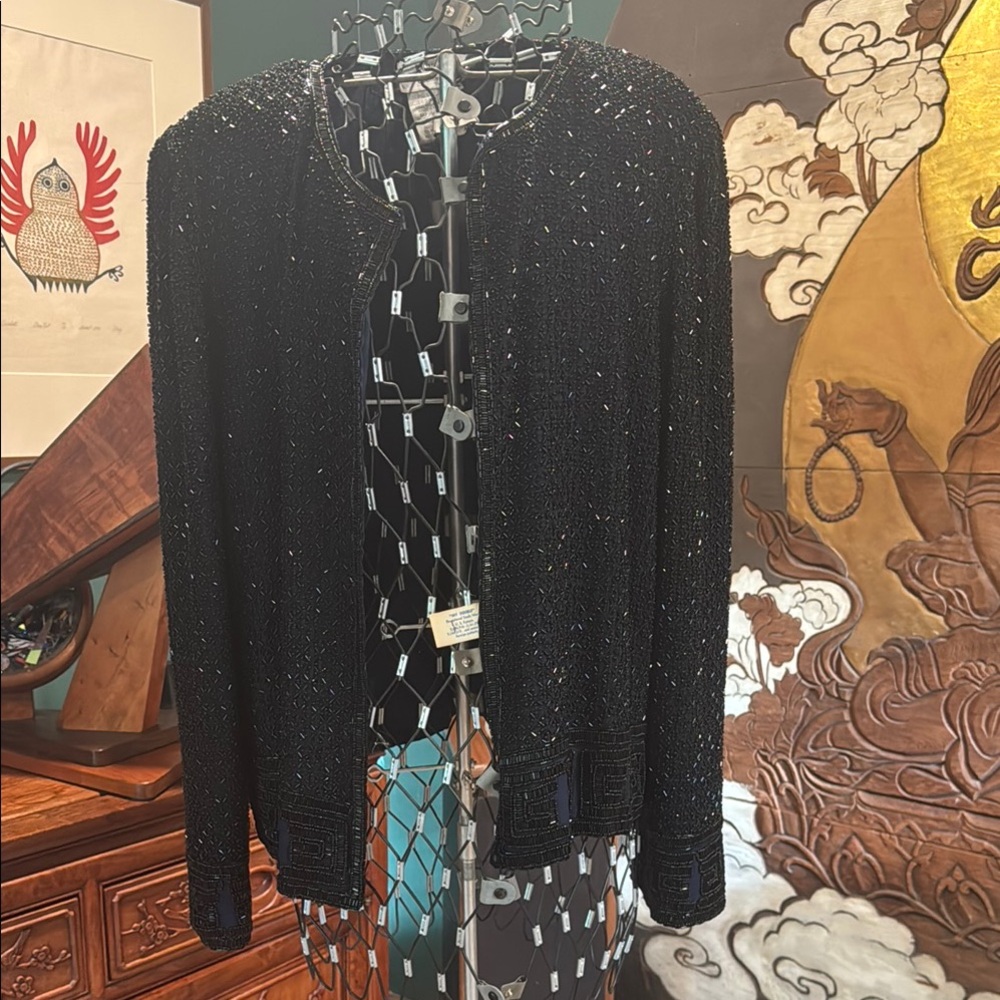 Adrianna Papell Black Beaded Blazer with Sleek Modern Cut